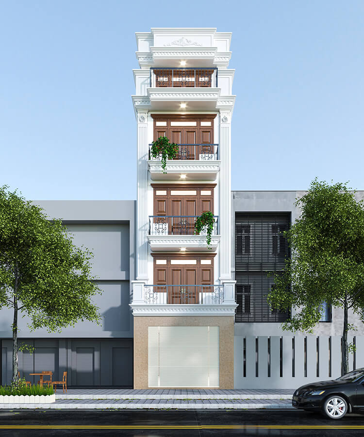 Thiết kế nhà phố 5 tầng có thang máy với phong cách tân cổ điển đẹp, sang trọng