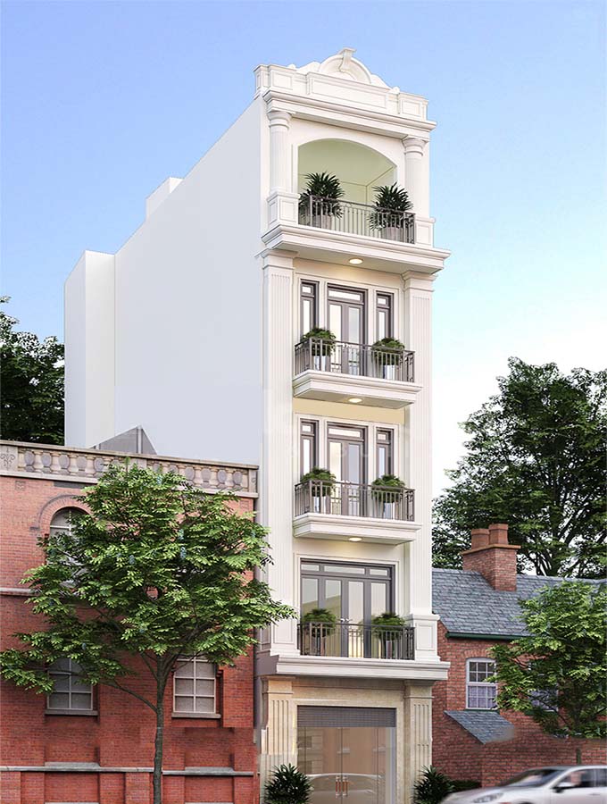 Mẫu thiết kế nhà phố 5 tầng có thang máy với phong cách tân cổ điển cực thu hút