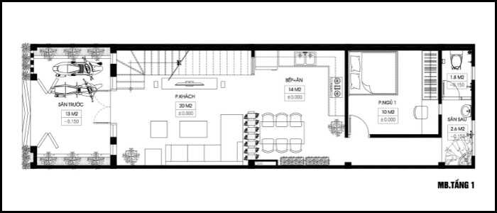 Bản vẽ tầng 1 mẫu nhà ống 5x20m 2 tầng 1