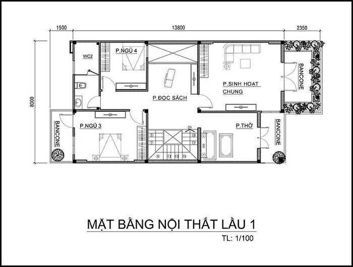 Thiết kế nhà 2 tầng 100m2 4 phòng ngủ 3