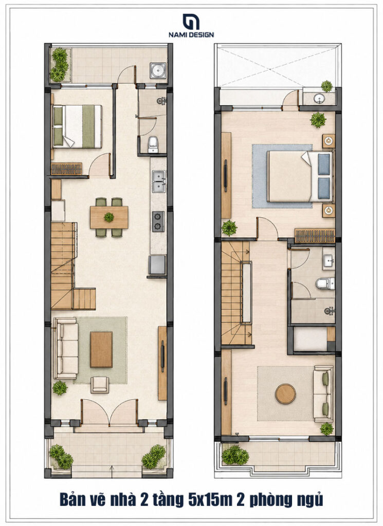 Bản vẽ nhà 2 tầng 5x15m 2 phòng ngủ
