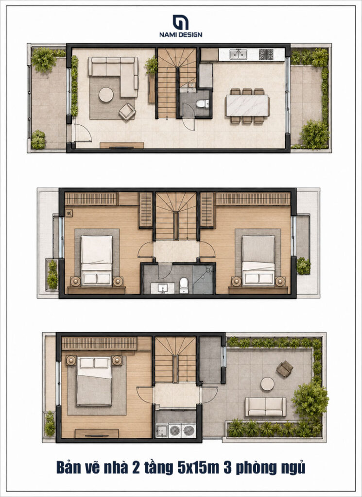 Bản vẽ nhà 2 tầng 5x15m 3 phòng ngủ