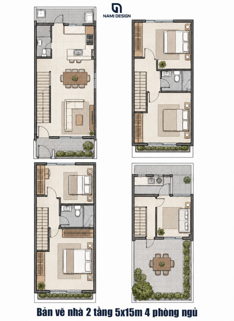 Bản vẽ nhà 2 tầng 5x15m 4 phòng ngủ