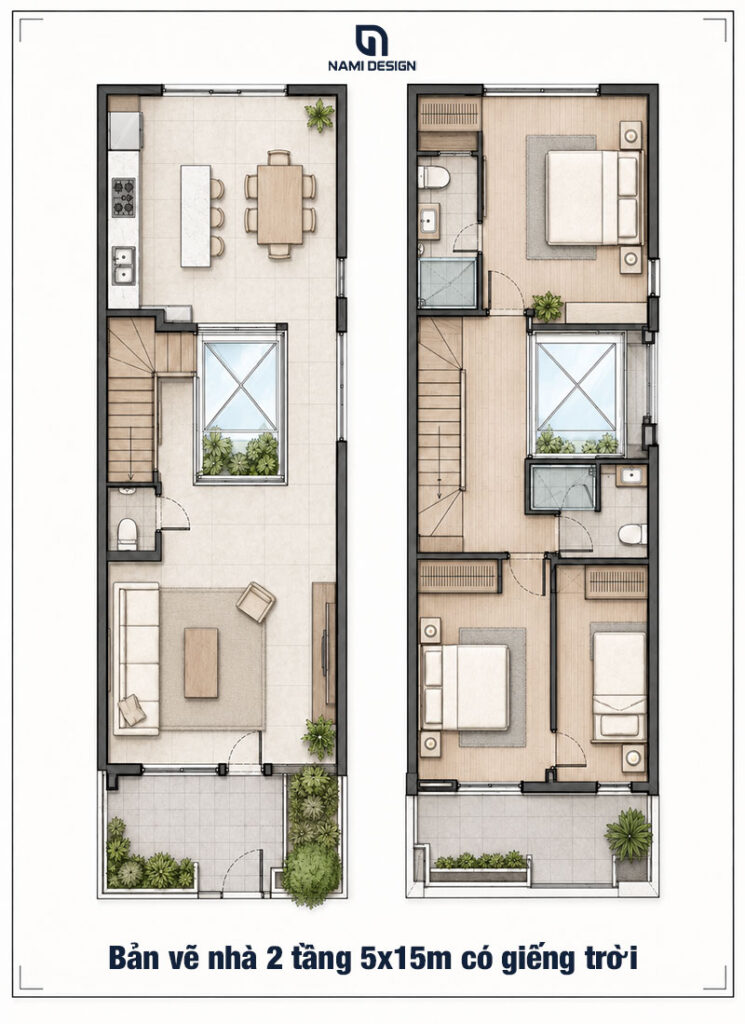 Bản vẽ nhà 2 tầng 5x15m có giếng trời