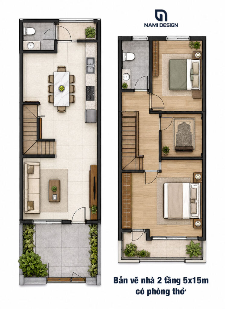 Bản vẽ nhà 2 tầng 5x15m có phòng thờ