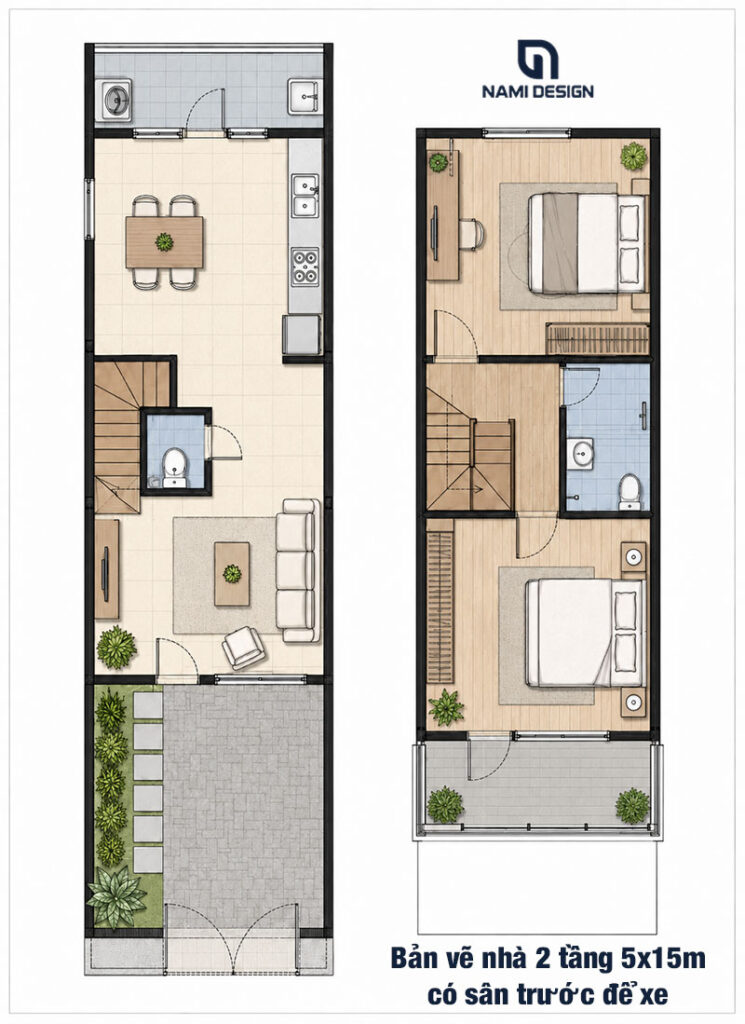 Bản vẽ nhà 2 tầng 5x15m có sân trước để xe
