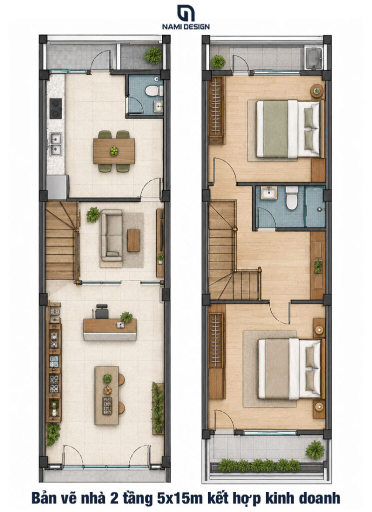 Bản vẽ nhà 2 tầng 5x15m kết hợp kinh doanh