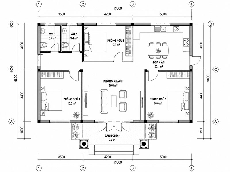 Bản vẽ nhà cấp 4 mái Thái 2