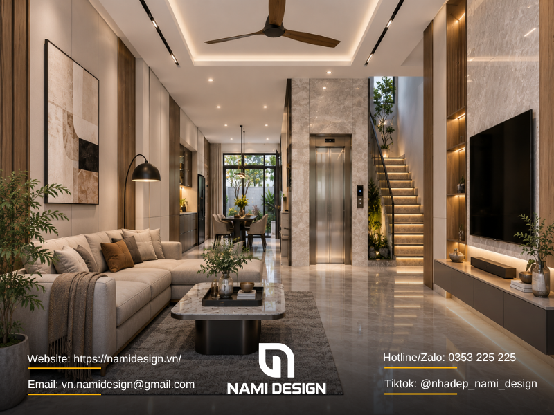 Không gian nhà phố 5 tầng có thang máy diện tích 5x20m