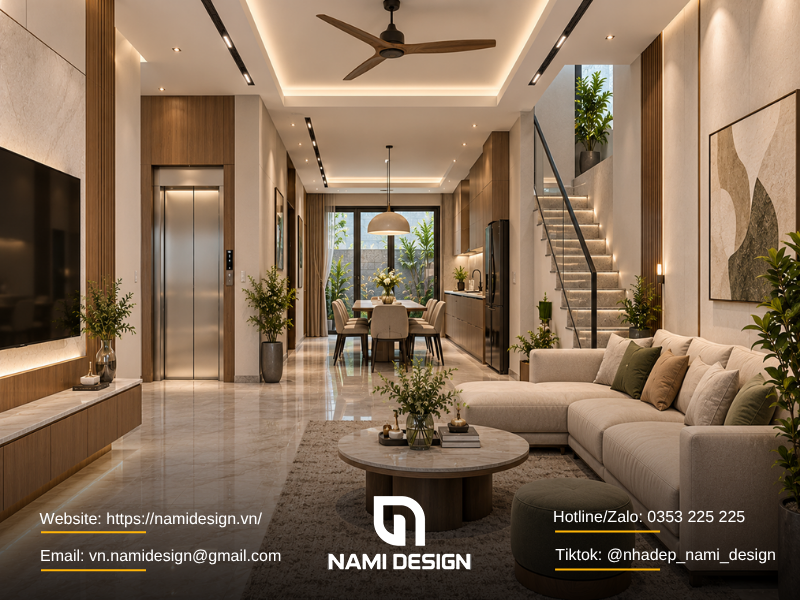 Không gian nhà phố 5 tầng mặt tiền 4m có thang máy nhỏ gọn