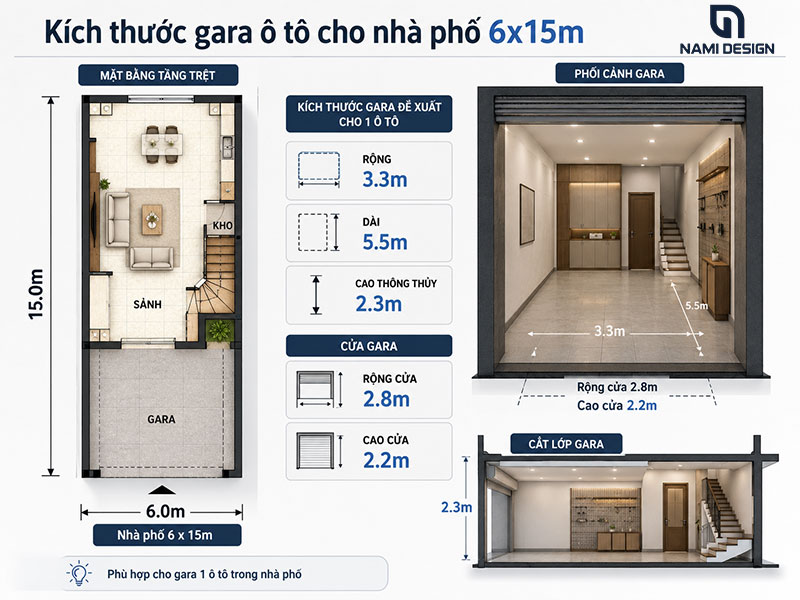 Kích thước gara ô tô cho nhà 6x15m