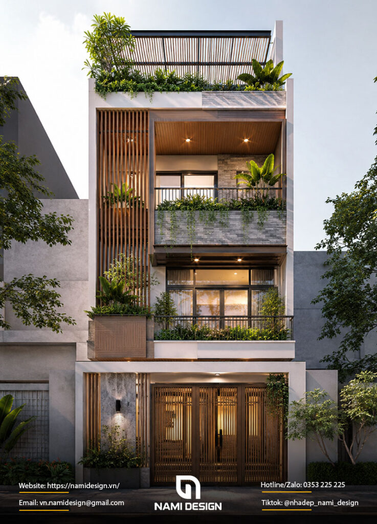 Mặt tiền nhà gác lửng 5m phong cách Modern Tropical