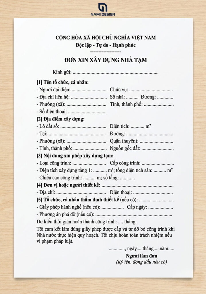 Đơn Xin Xây Dựng Nhà Tạm