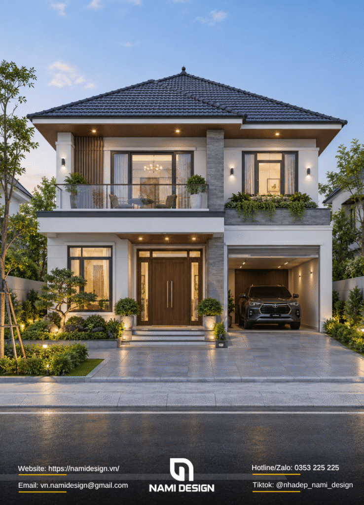 Mẫu nhà 2 tầng mái Nhật có gara ô tô