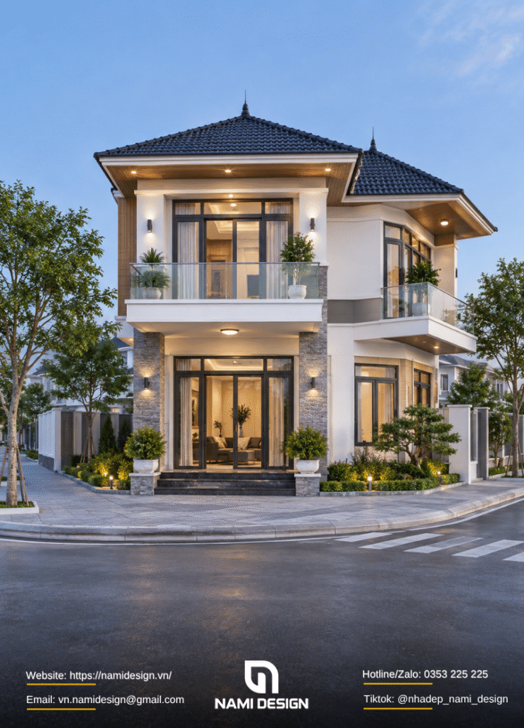 Mẫu nhà 2 tầng mái Nhật hai mặt tiền