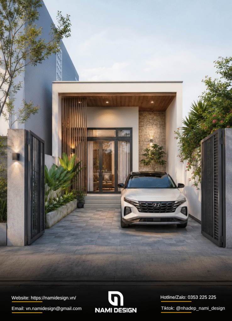 Mẫu nhà 5x15m có sân trước để ô tô - 1 phòng ngủ