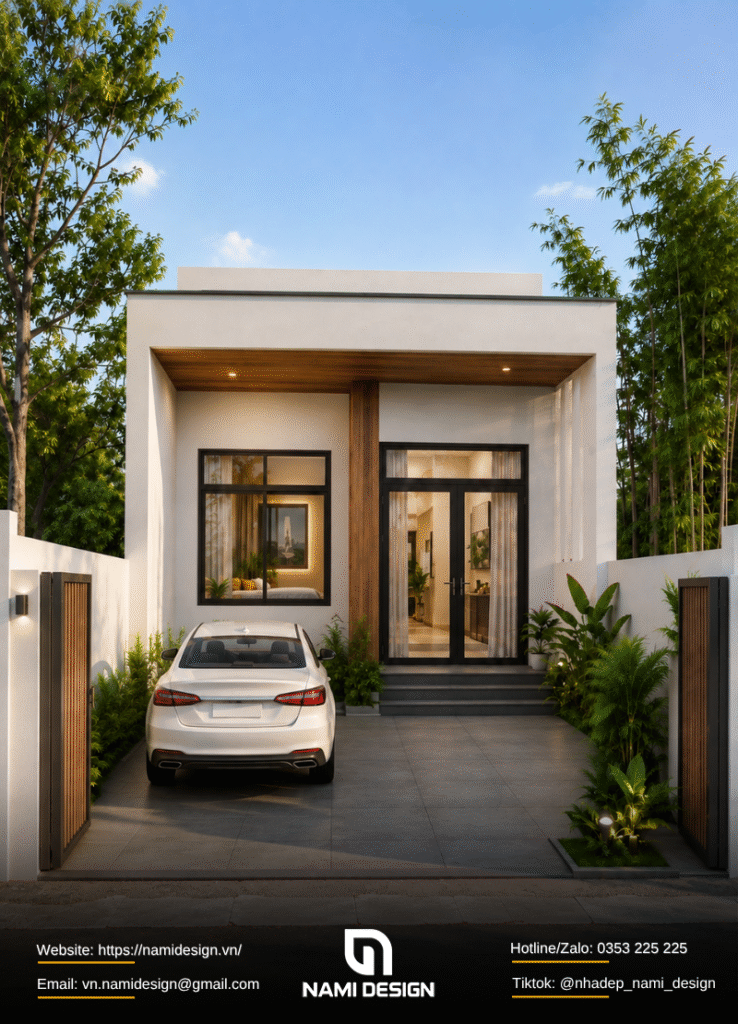 Mẫu nhà 5x15m có sân trước để ô tô - 2 phòng ngủ nhỏ