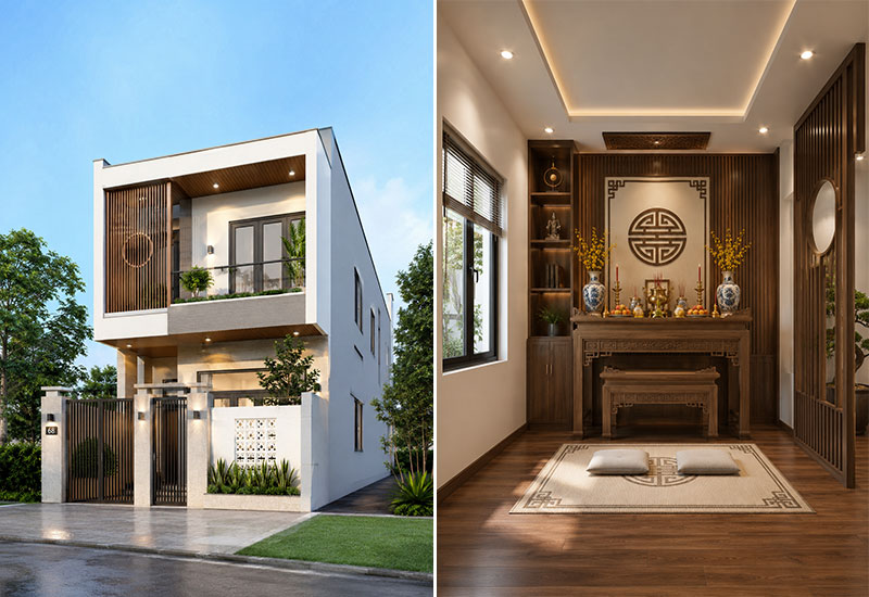 Mẫu nhà 6x10 2 tầng có phòng thờ