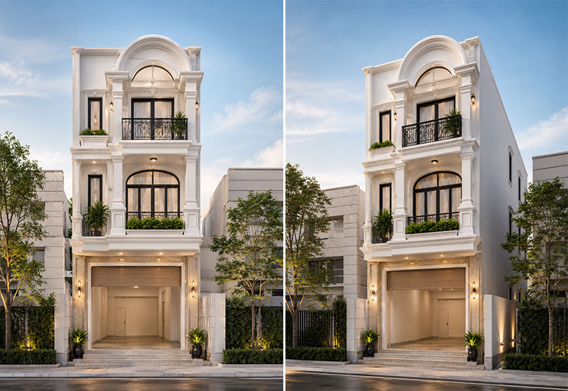 Mẫu nhà 6x15m có gara phong cách cổ điển