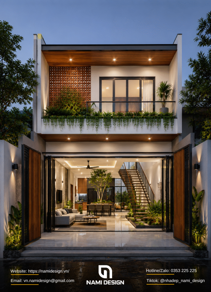 Mẫu nhà 6x20m 1 trệt 1 lầu có giếng trời