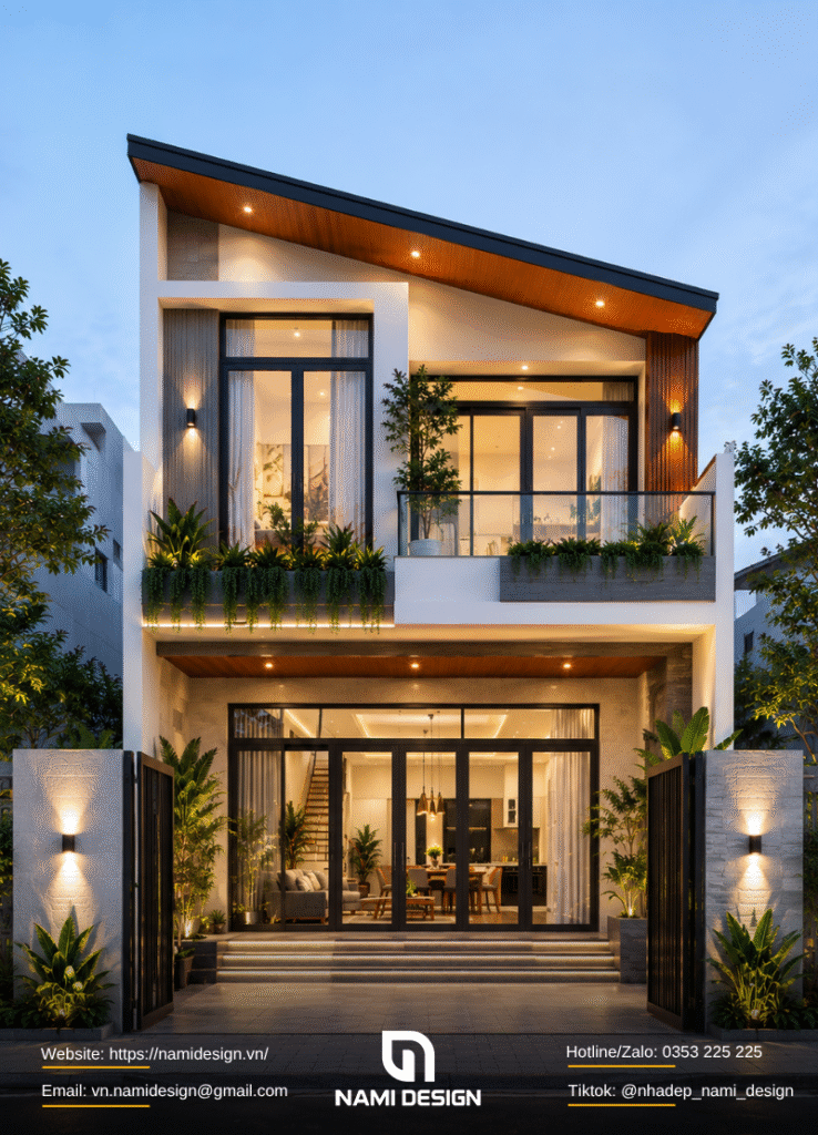 Mẫu nhà 6x20m 1 trệt 1 lầu mái lệch