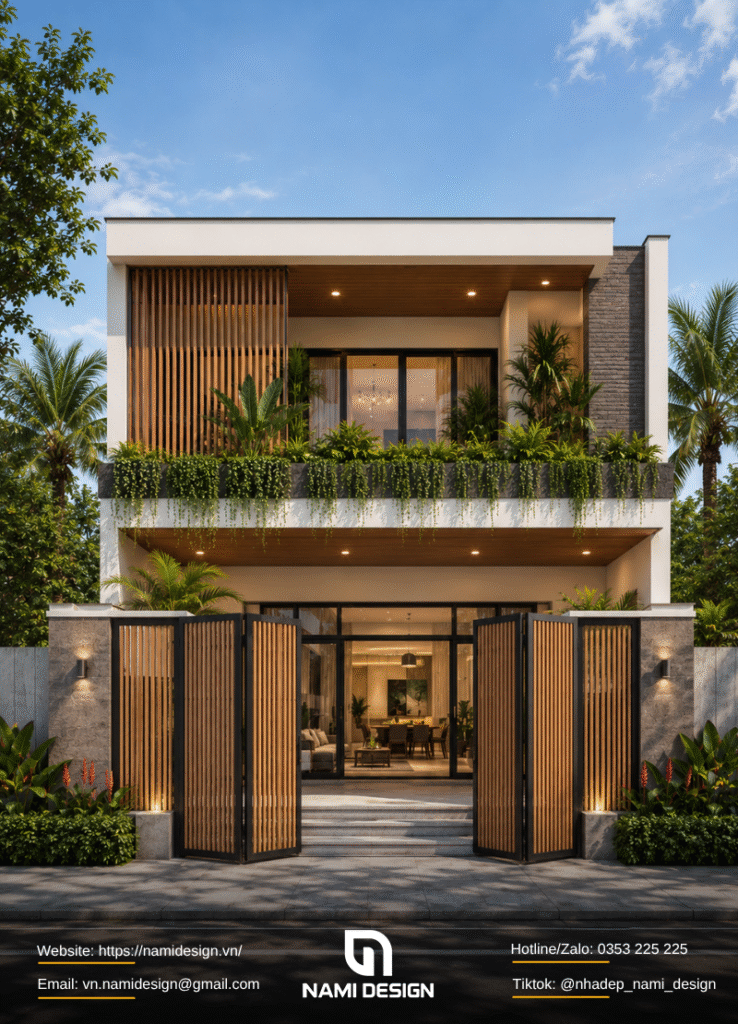 Mẫu nhà 6x20m 1 trệt 1 lầu phong cách Modern Tropical