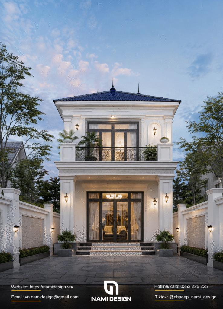 Mẫu nhà 6x20m 1 trệt 1 lầu tân cổ điển tiết chế