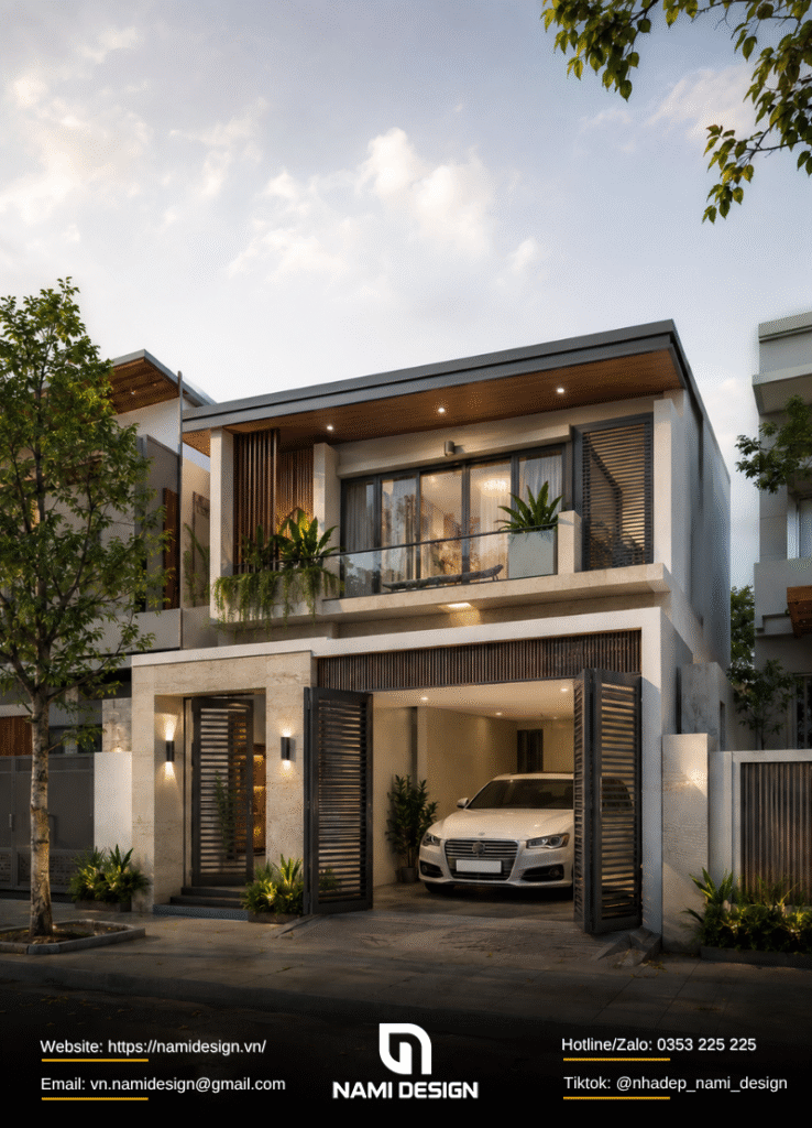 Mẫu nhà gác lửng 3 phòng ngủ có gara để xe