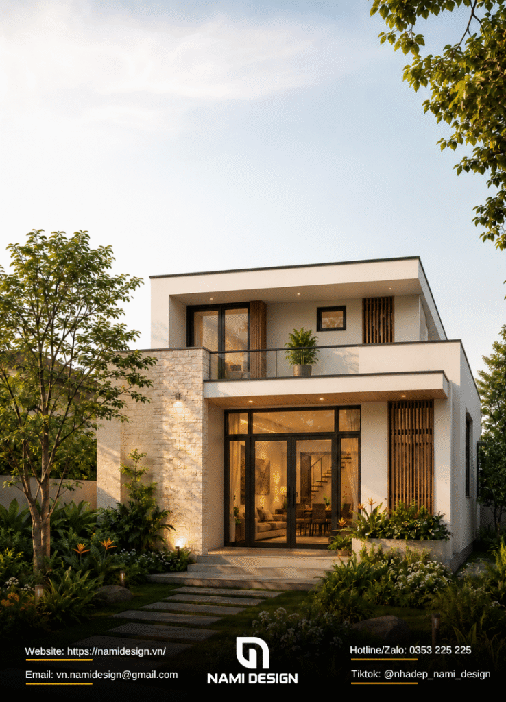 Mẫu nhà gác lửng 3 phòng ngủ có sân vườn