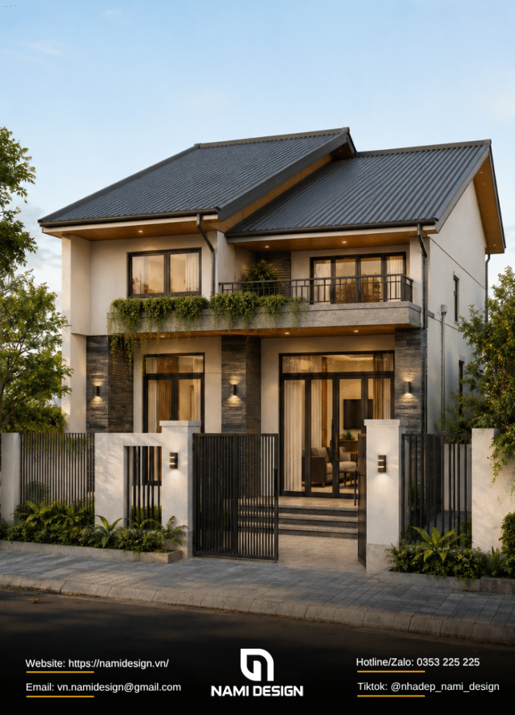 Mẫu nhà gác lửng 3 phòng ngủ mái tôn chống nóng