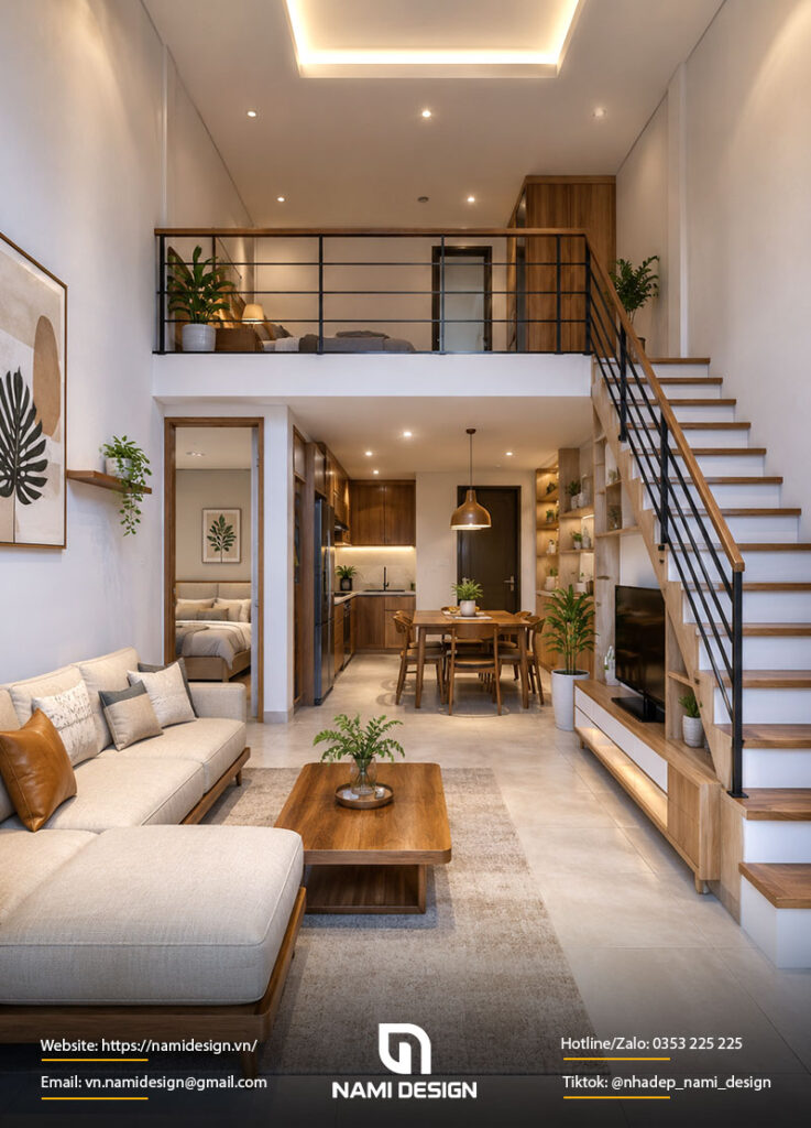 Mẫu nhà gác lửng 5x15m 2 phòng ngủ
