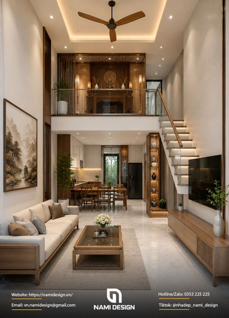 Mẫu nhà gác lửng 5x15m có phòng thờ