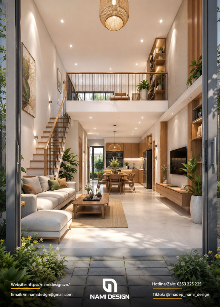 Mẫu nhà gác lửng 5x15m có sân vườn