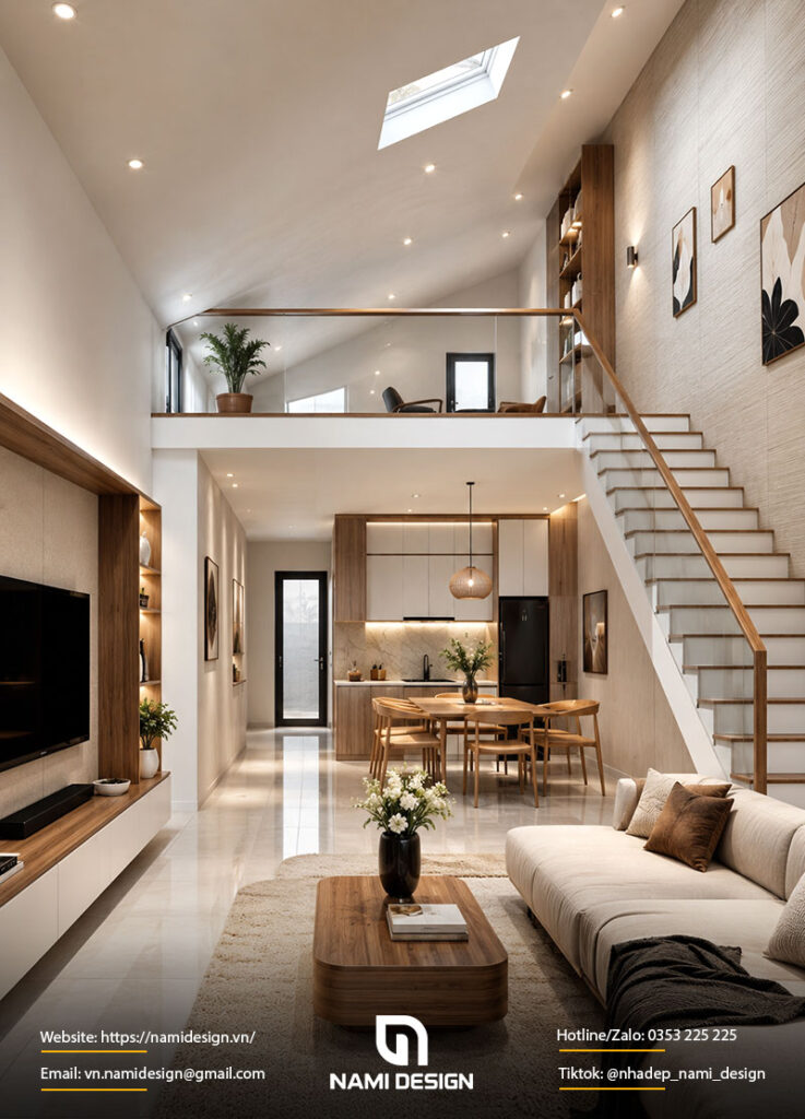Mẫu nhà gác lửng 5x15m mái lệch