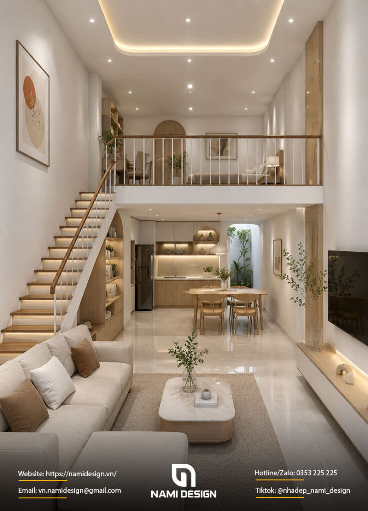Mẫu nhà gác lửng 5x15m phong cách tối giản