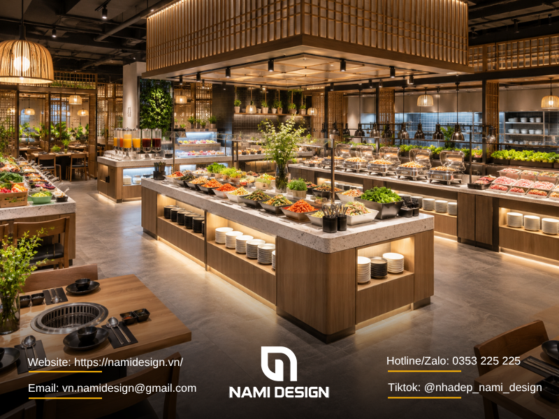 Mẫu nhà hàng buffet Hàn Quốc bố trí quầy lấy món thuận tiện