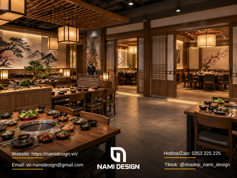 Mẫu nhà hàng Hàn Quốc có phòng riêng cho gia đình và nhóm khách