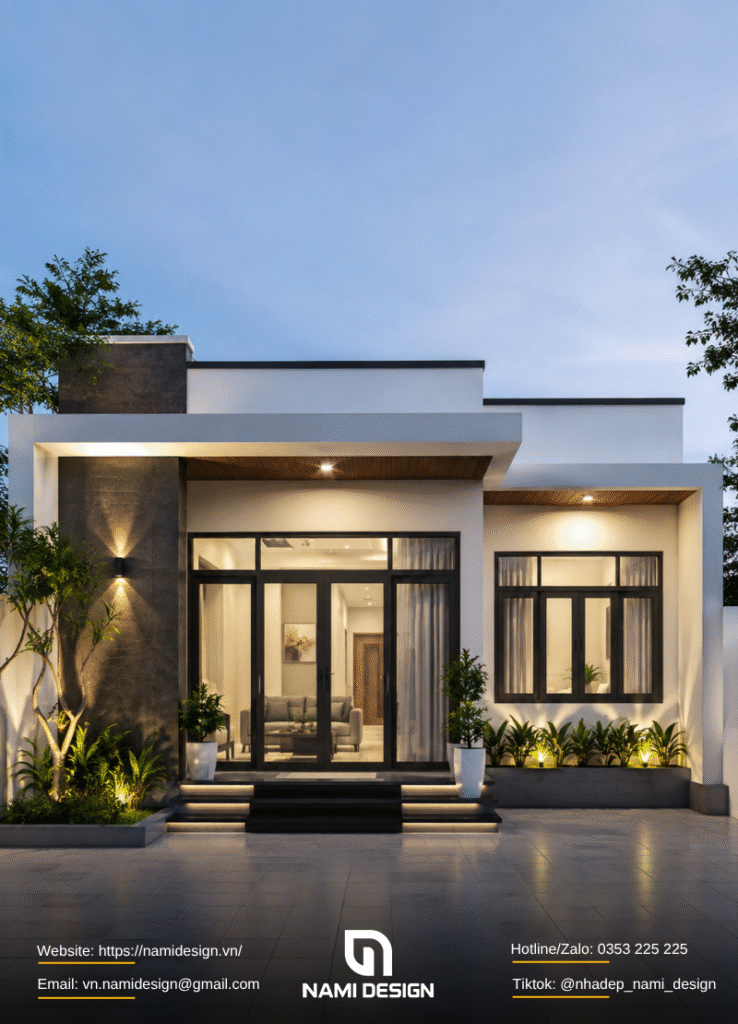 Mẫu nhà mái bằng 1 tầng 80m2 2 phòng ngủ 1 phòng thờ riêng biệt