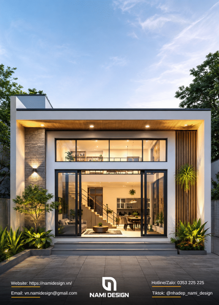 Mẫu nhà mái bằng 1 tầng 80m2 có gác lửng tăng diện tích sử dụng