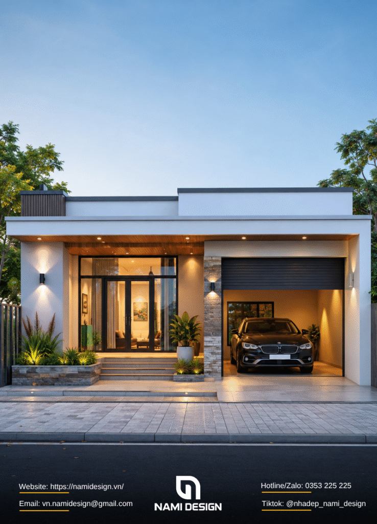 Mẫu nhà mái bằng 1 tầng 80m2 có gara ô tô tiện nghi
