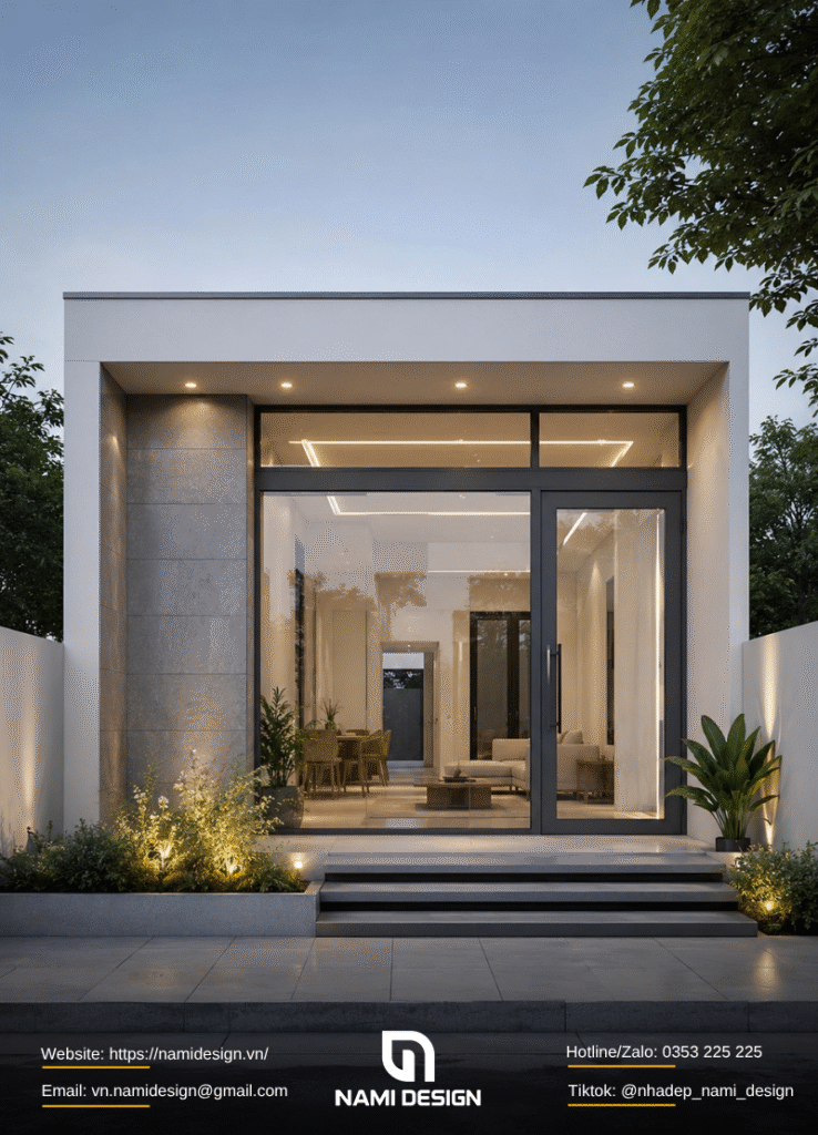 Mẫu nhà mái bằng 1 tầng 80m2 phong cách tối giản (Minimalism) kết hợp kính cường lực