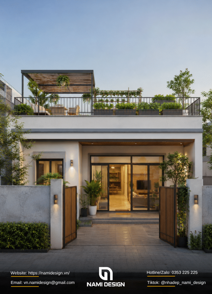 Mẫu nhà mái bằng 1 tầng 80m2 thiết kế sân thượng trồng rau, thư giãn