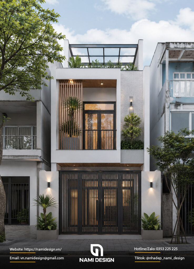 Mẫu nhà ống 2 tầng mái bằng có giếng trời