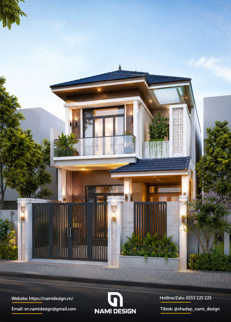 Mẫu nhà ống 2 tầng mái Nhật có giếng trời