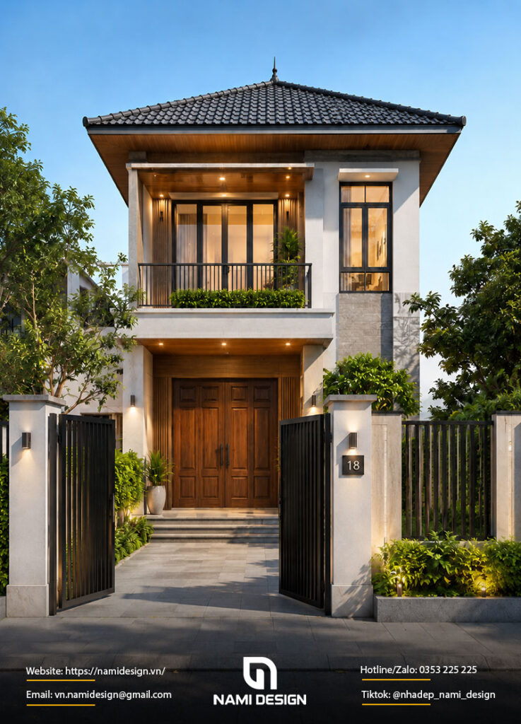 Mẫu nhà ống 2 tầng mái Nhật có sân trước
