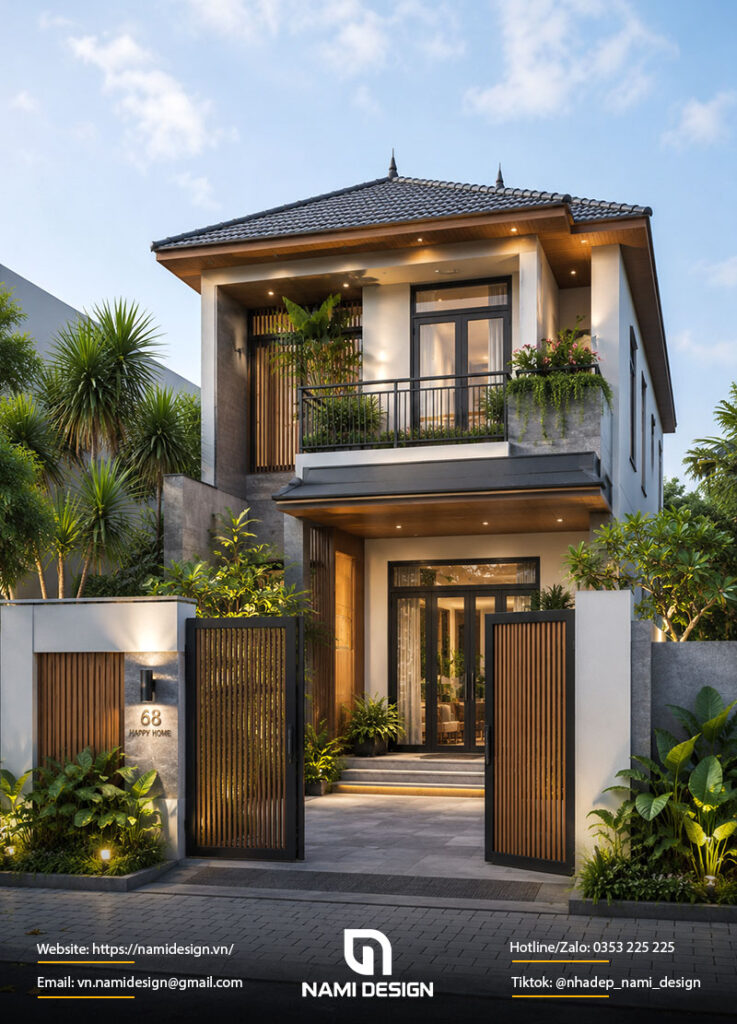 Mẫu nhà ống 2 tầng mái Nhật Modern Tropical