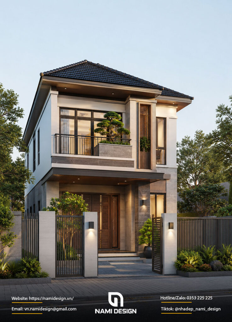 Mẫu nhà ống 2 tầng mái Nhật tối giản