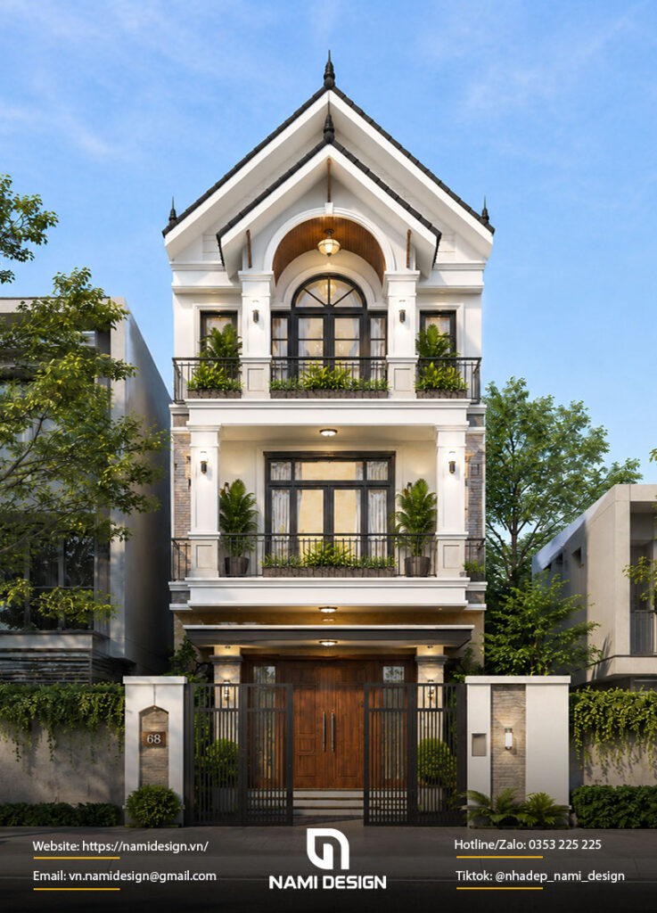 Mẫu nhà phố 3 tầng mái Thái có ban công xanh