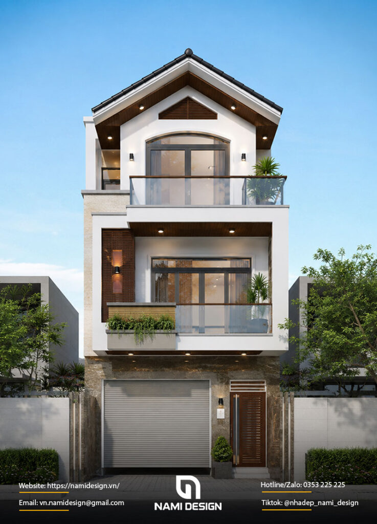 Mẫu nhà phố 3 tầng mái Thái có gara ô tô