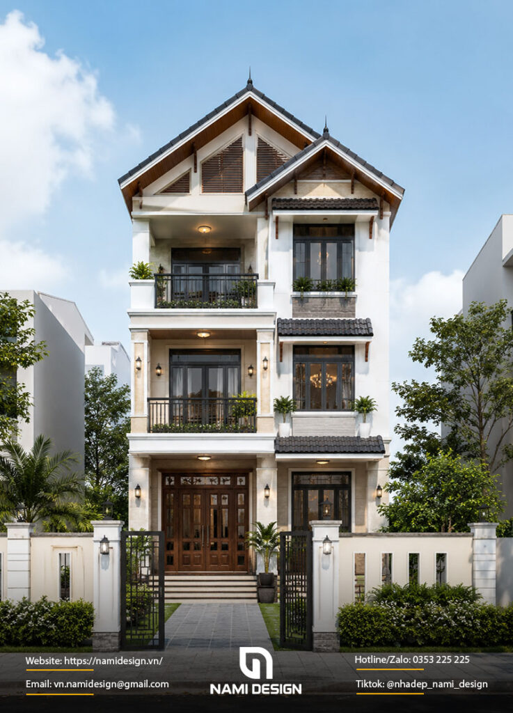 Mẫu nhà phố 3 tầng mái Thái có sân vườn